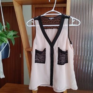 Charlotte Russe Nude Black sleeveless Blouse lace sheer Small